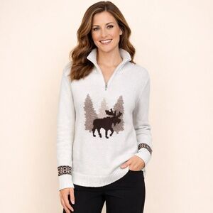 💖 Winter White Cotton-Blend 1/4 Zip Sparkly Sweater with Moose Design